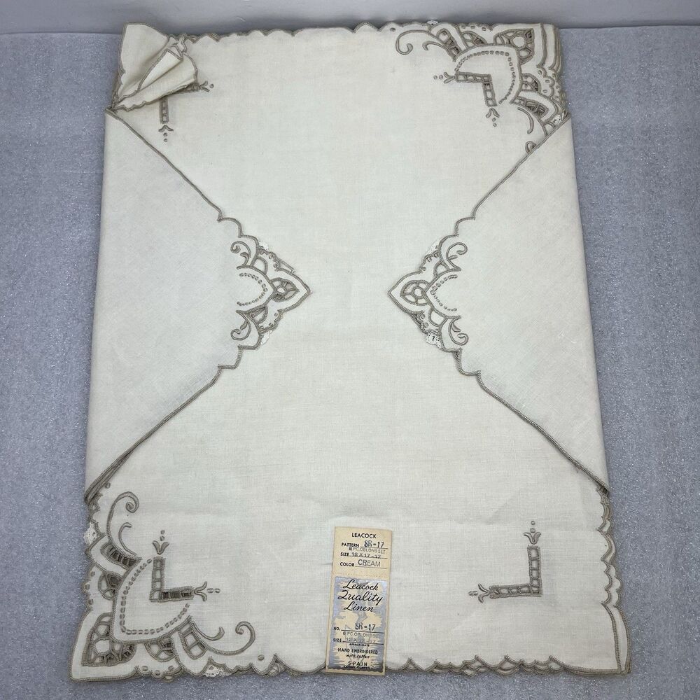 Vtg Leacock Linen Placemats Set of 8 Cream Hand Embroidered Spain Canary Island